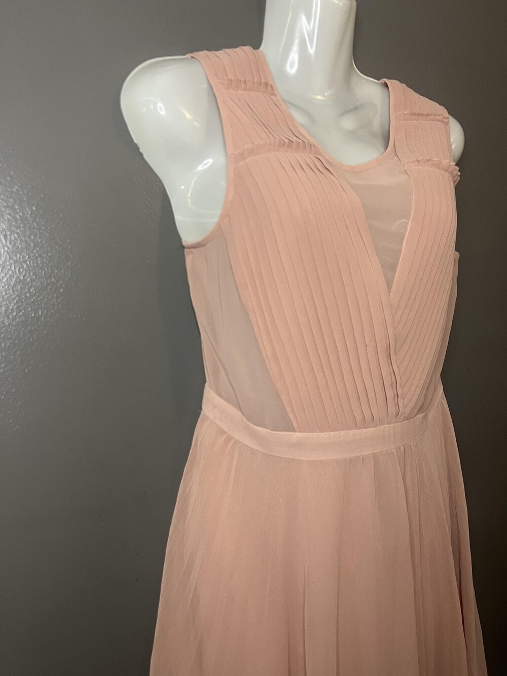 BCBGMAXAZRIA Deborah Dress Womens 4 Pink Pleated V Neck Chiffon Fit & Flare Midi - Picture 5 of 14